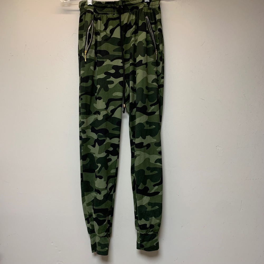 Indero Camouflage Joggers Womens S/M Green Excellent Slim Fit Zipper Pockets